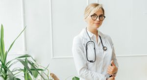 Ein Arzt mit Brille und Stethoskop steht neben Pflanzen und verkörpert damit „empathische Führung in der Pflege“.